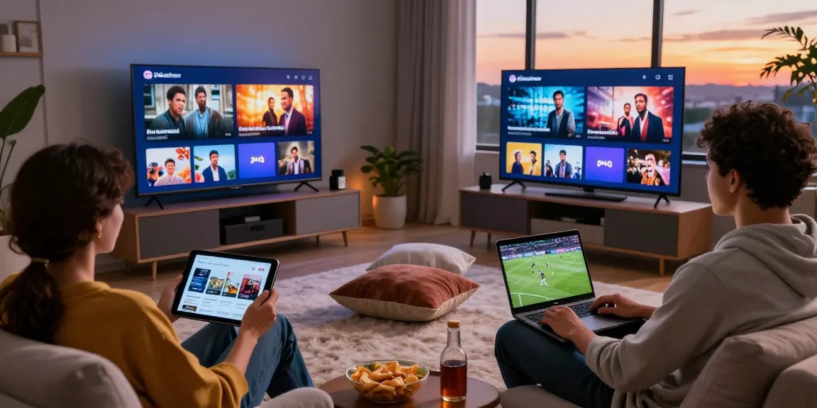 Pikashow app streaming scene with diverse group enjoying movies and live sports at home, showcasing vibrant entertainment.