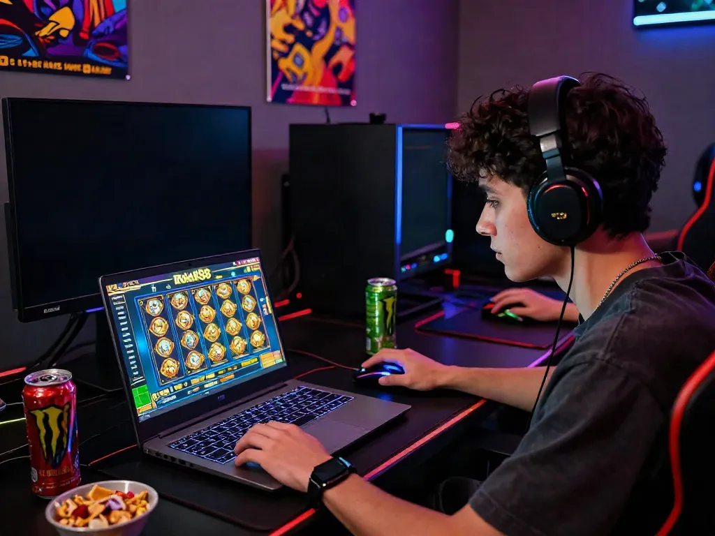 Player immersed in rokok88 slot game, vibrant graphics on laptop screen, energetic gaming atmosphere.