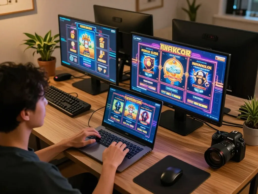 Engaging in slot gacor games on a laptop, capturing the excitement of online gaming