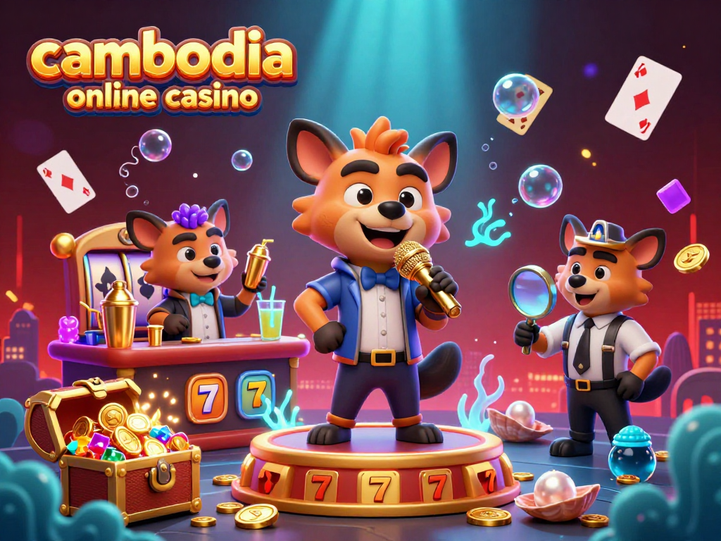 Join the fun at this cambodia online casino with hyenas in a comedy club, surrounded by vibrant game elements.