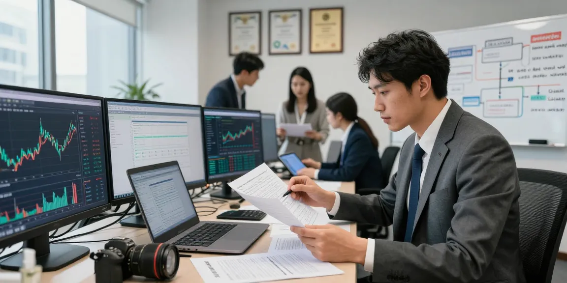Professional examining documents for asset tracing in a modern business office, highlighting data analysis and investigative strategies.
