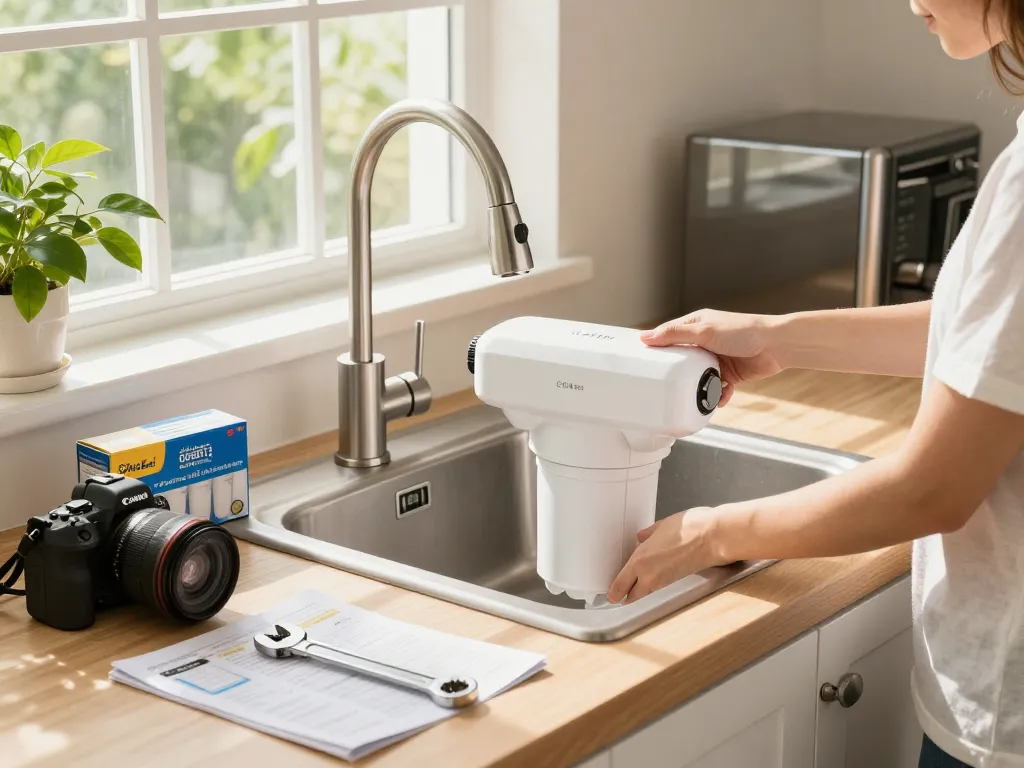 Install Overbest OB6013 Replacement for GE® MWF® water filter in a modern kitchen, showcasing tools, and a bright environment.