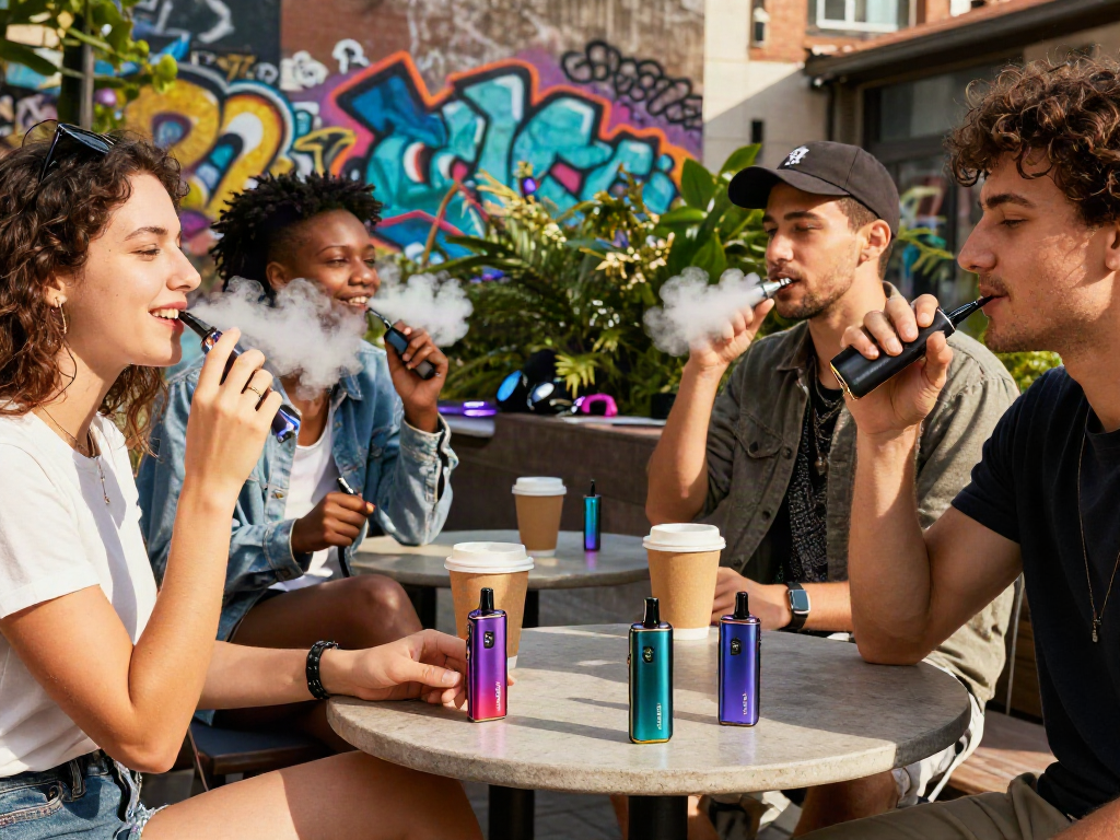 Friends savouring Hitz infinity Gen 7 in an urban setting under warm sunlight.