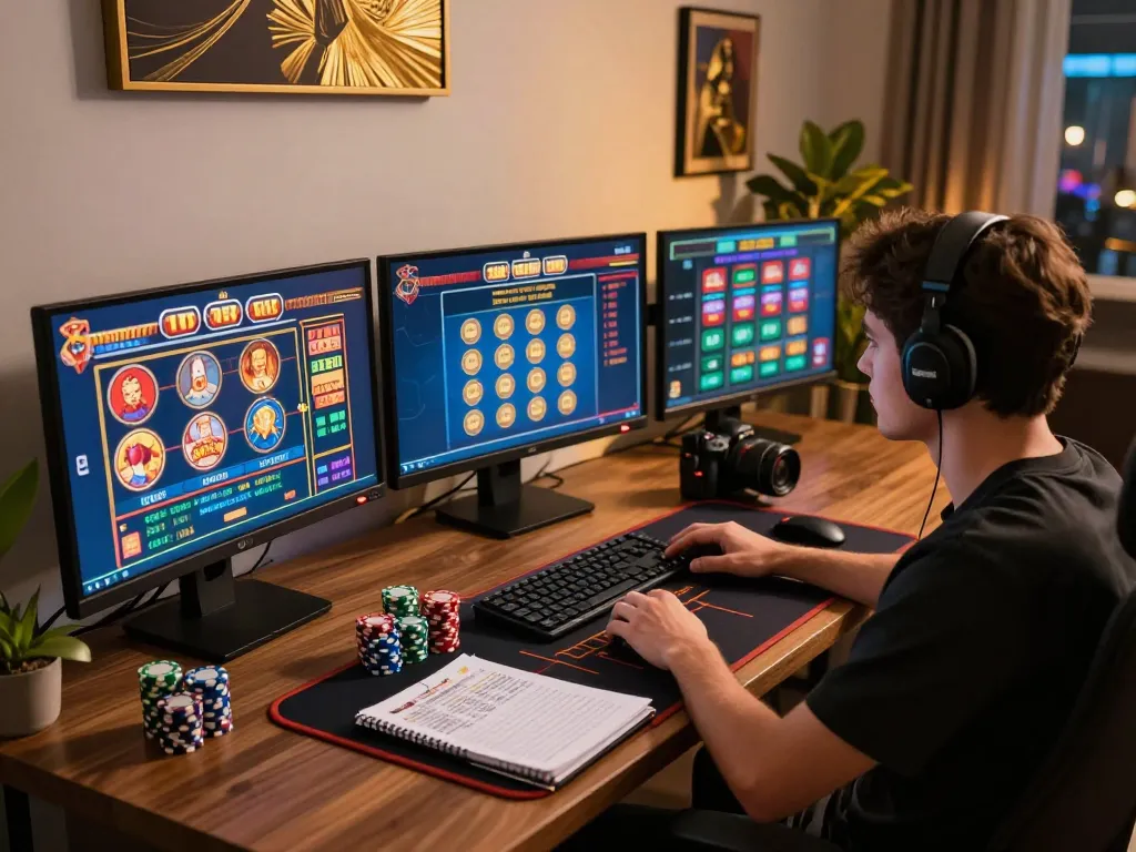 Engaged player experiencing 79KING online gaming in a cozy, well-decorated room with multiple monitors.