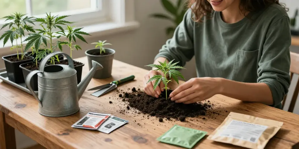 Cannabissamen kaufen scene with seedlings and gardening tools in a sunlit indoor space.