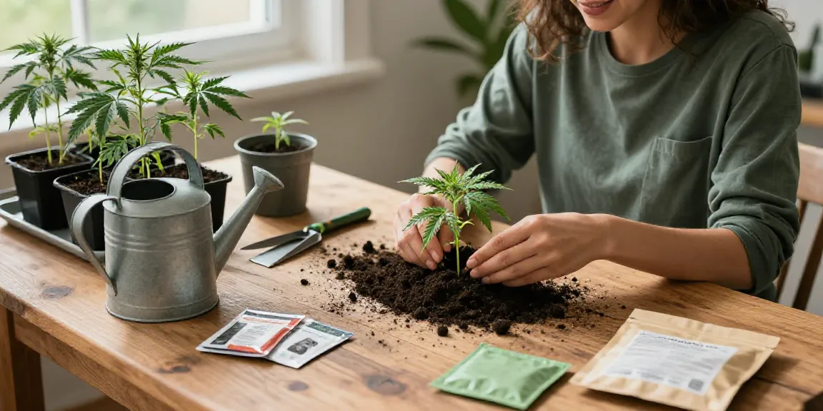 Cannabissamen kaufen scene with seedlings and gardening tools in a sunlit indoor space.