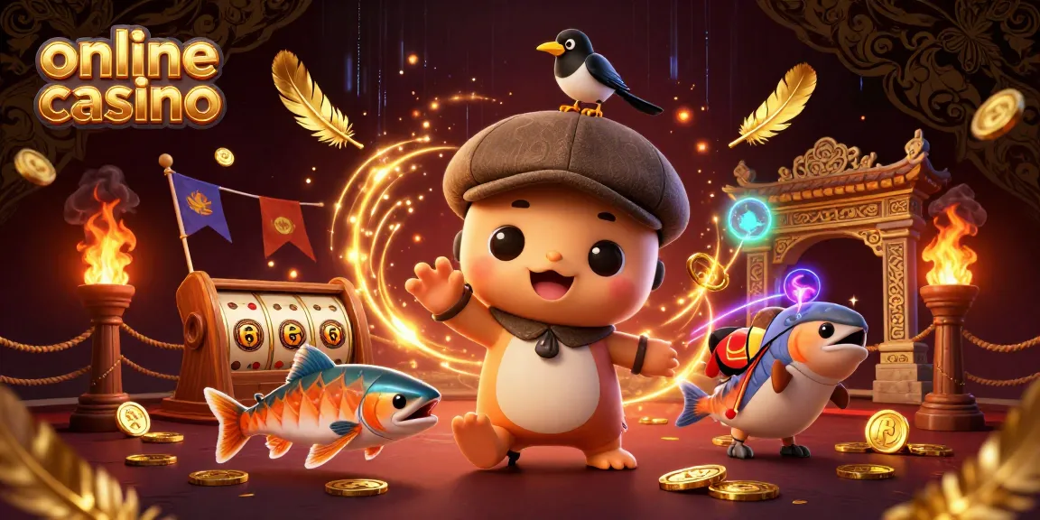 Engaging scene of online casino with Nessie and friends among gold coins and slot reels.