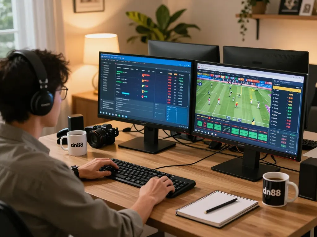 Engaged bettor analyzing odds and placing bets on dn88 com from a cozy home office.