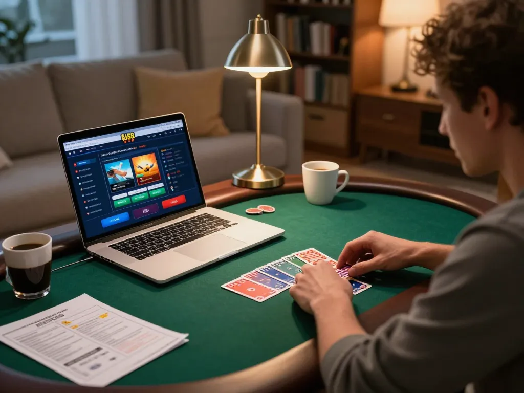 Engaged player using BJ88 for online poker in a cozy home setting.