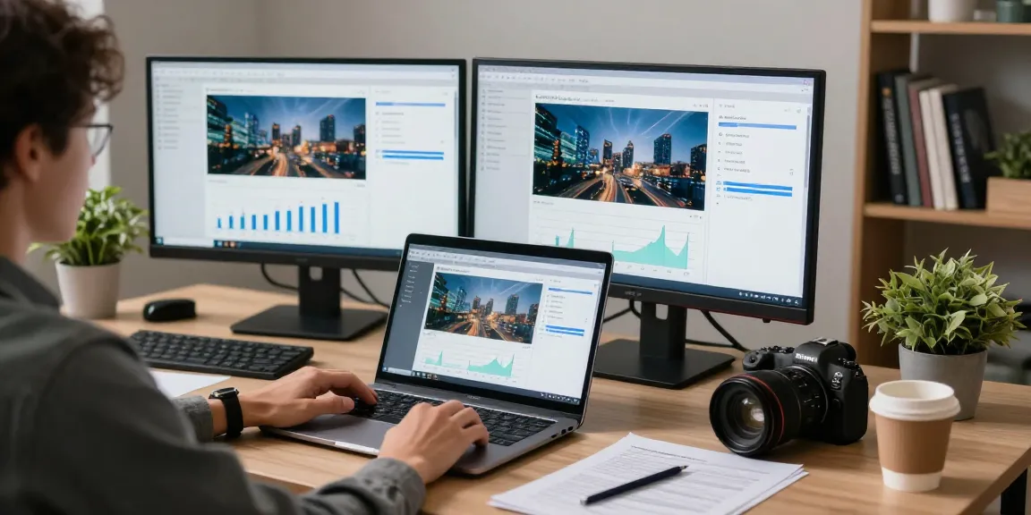 AI image checker in use on a laptop by a professional analyst in a tech workspace.