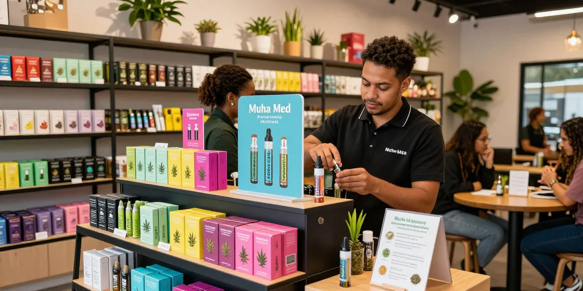 Muha Med cannabis retail shop scene with vibrant product display, engaging customer service, and inviting atmosphere.