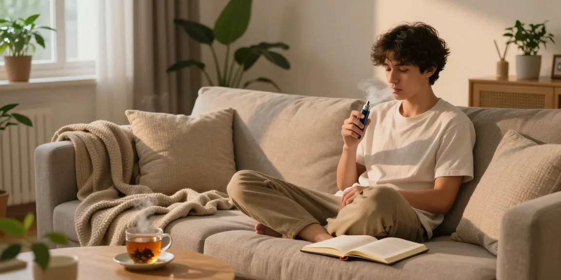 Enjoying a packman weed vape in a tranquil home setting for natural wellness.