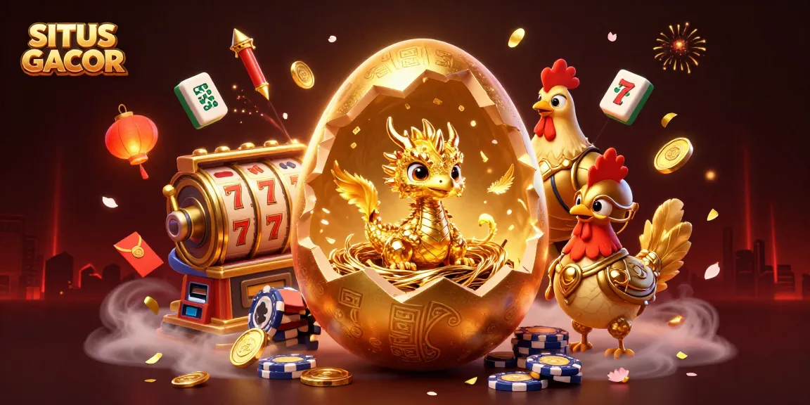 SITUS GACOR showcases a golden dragon on poker chips surrounded by vibrant casino elements.