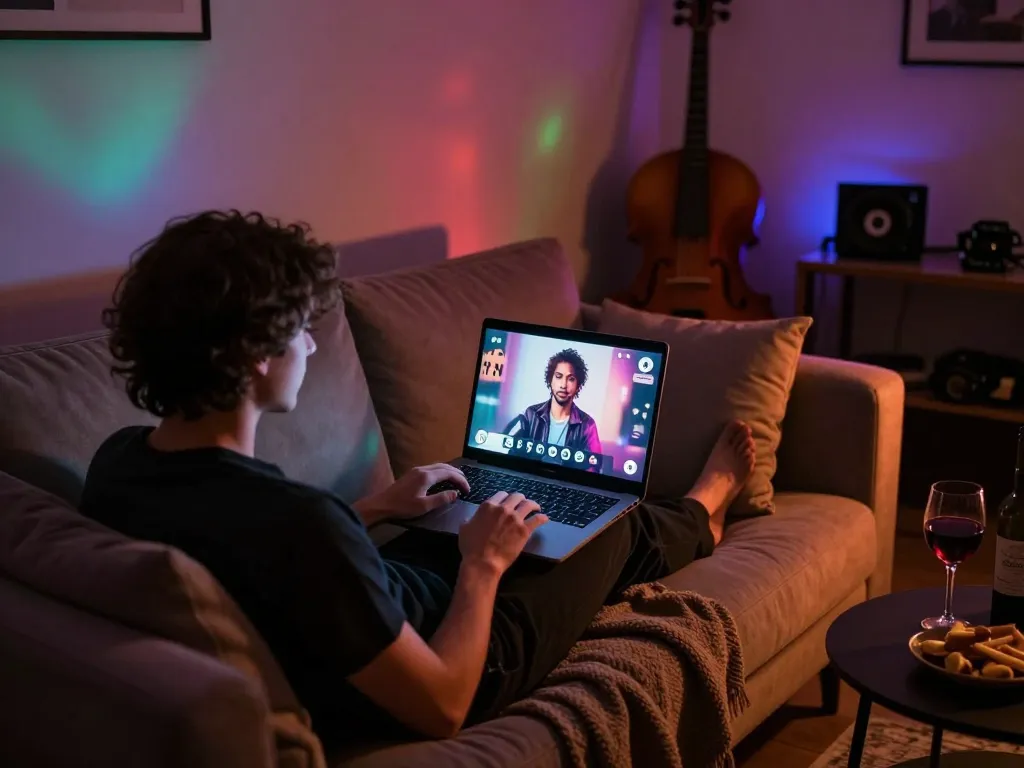 Engaging in a porn AI chat experience in a cozy home setting.