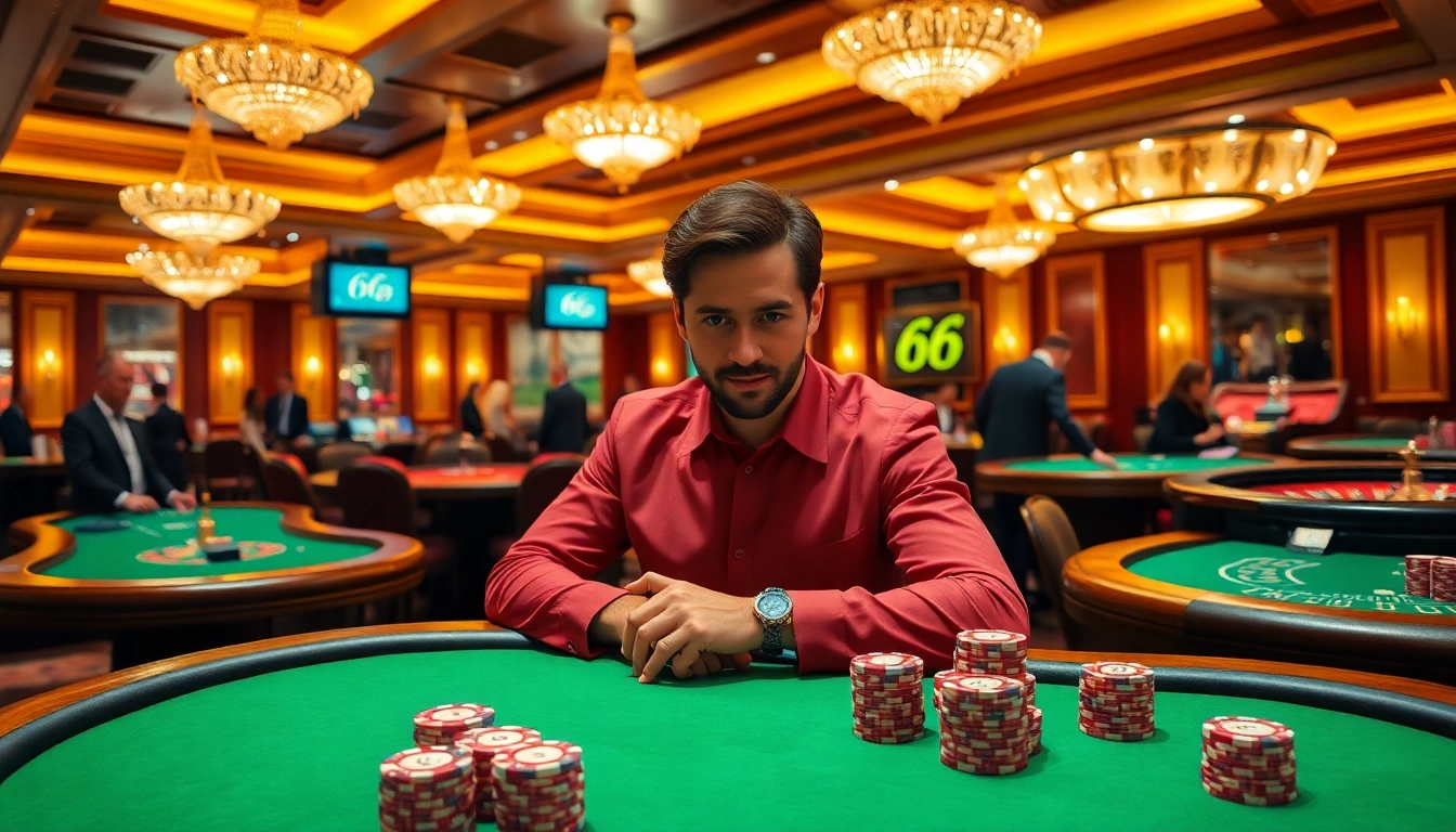 Engage with PG 66 casino gaming, featuring poker chips and tables in a vibrant luxury setting.