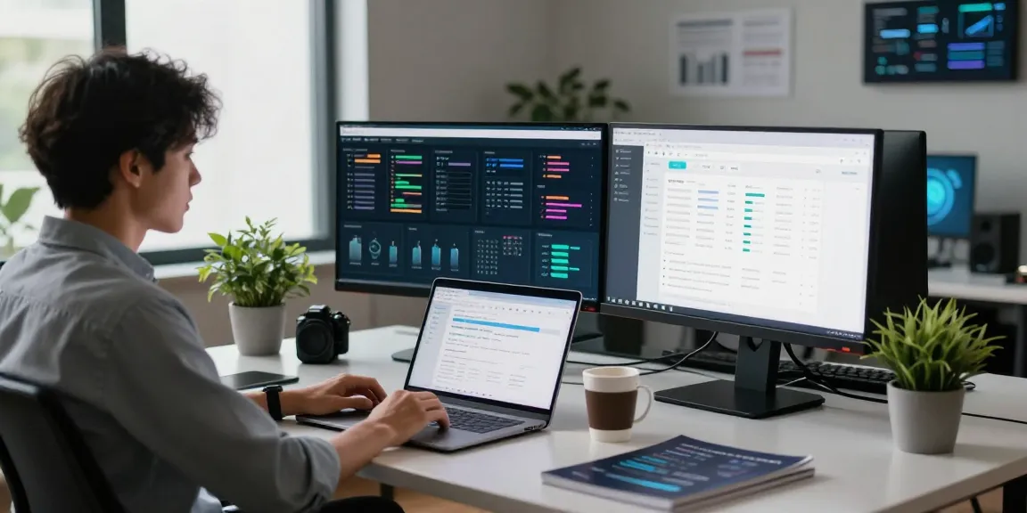 Web hosting workspace showcasing migliorhosting.info analytics on screens and modern office setup for enhanced productivity.