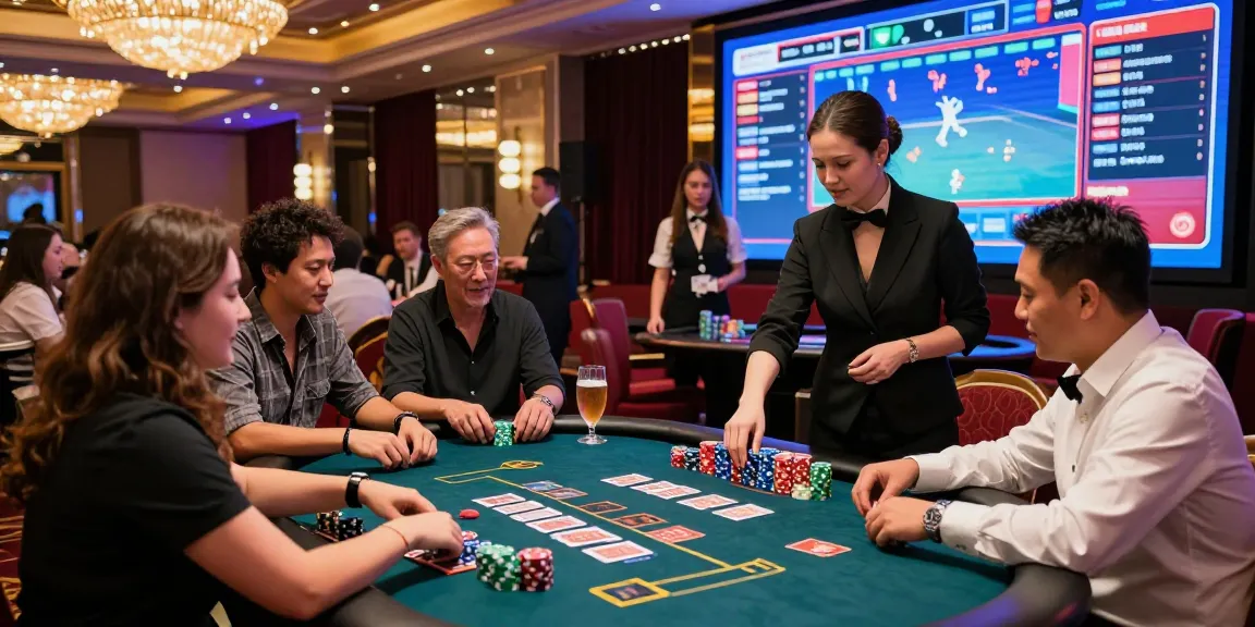 Engaged players at a table enjoying rokok88 super gaming experience in an upscale casino.