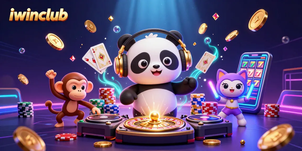 Join the excitement of iwinclub with a vibrant casino scene featuring DJ panda and a breakdancing monkey.
