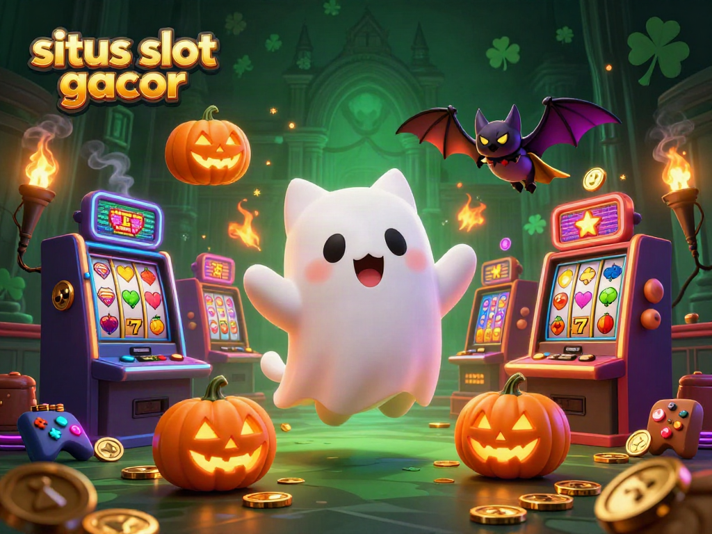Engage in fun and vibrant gaming action with situs slot gacor as a ghost cat and bat explore a haunted casino.