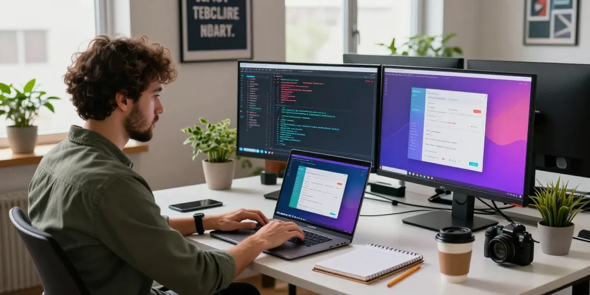 Developer coding in a modern workspace using telegram官网 for collaboration, showcasing vibrant tech tools and an inspiring environment.