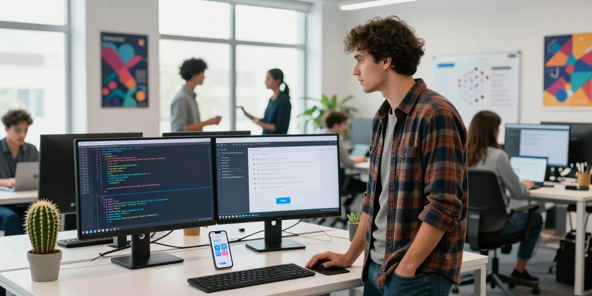 Developer in a modern office showcasing telegram官网 integration on dual monitors with coding in a collaborative workspace.