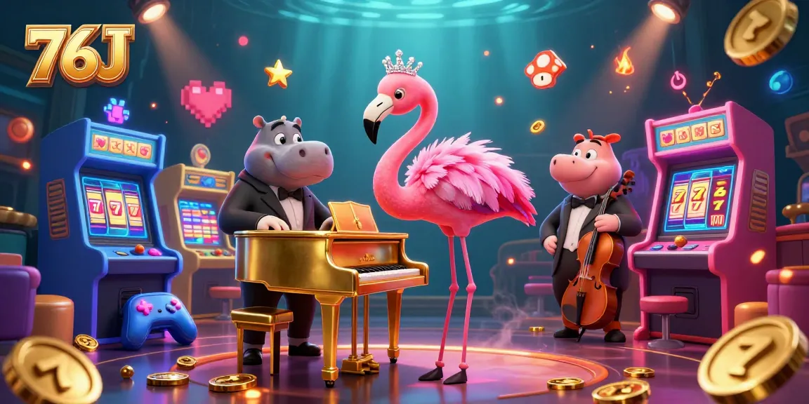 76J apresenta um vibrante flamingo cantor em um lounge de cassino, com elementos de caça-níqueis ao fundo.