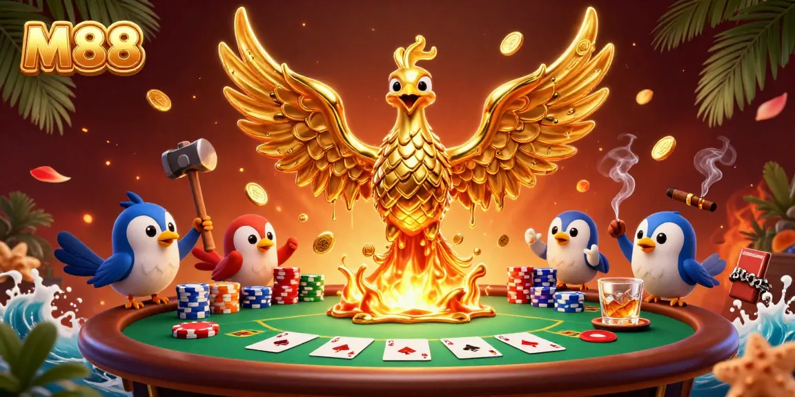 M88 introduces exhilarating poker action with a golden phoenix illuminating a vibrant casino scene.
