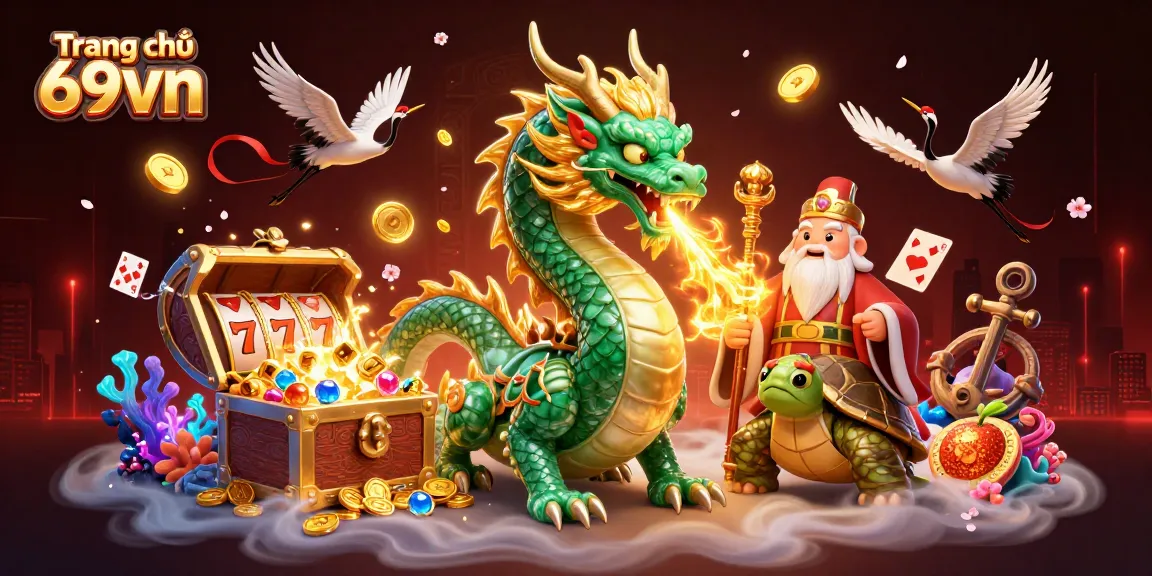 Spin the slot reels with Trang chủ 69vn, featuring a dragon, turtle, and cranes in a vibrant casino scene.