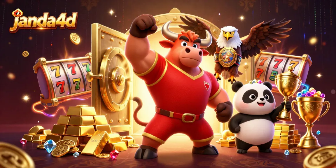 janda4d menampilkan mascot banteng 3D berotot merayakan kemenangan dengan berlian dan emas bersinar