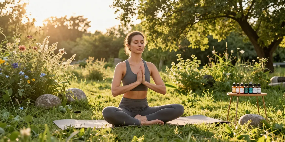 Ministry of Cannabis CBD oils displayed next to an outdoor yoga setup promoting natural wellness and relaxation.