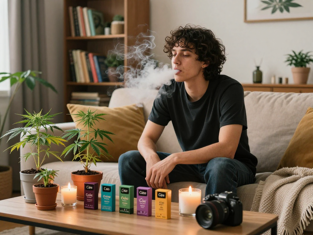 Enjoying Cake carts in a cozy home environment with colorful cannabis plants and delicious flavors.