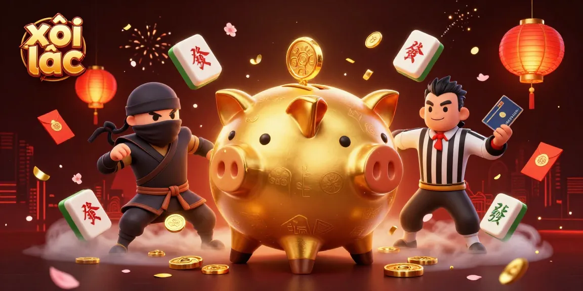 Experience dynamic gaming strategies with xôi lạc featuring a piggy bank sumo wrestler in a vibrant casino atmosphere.