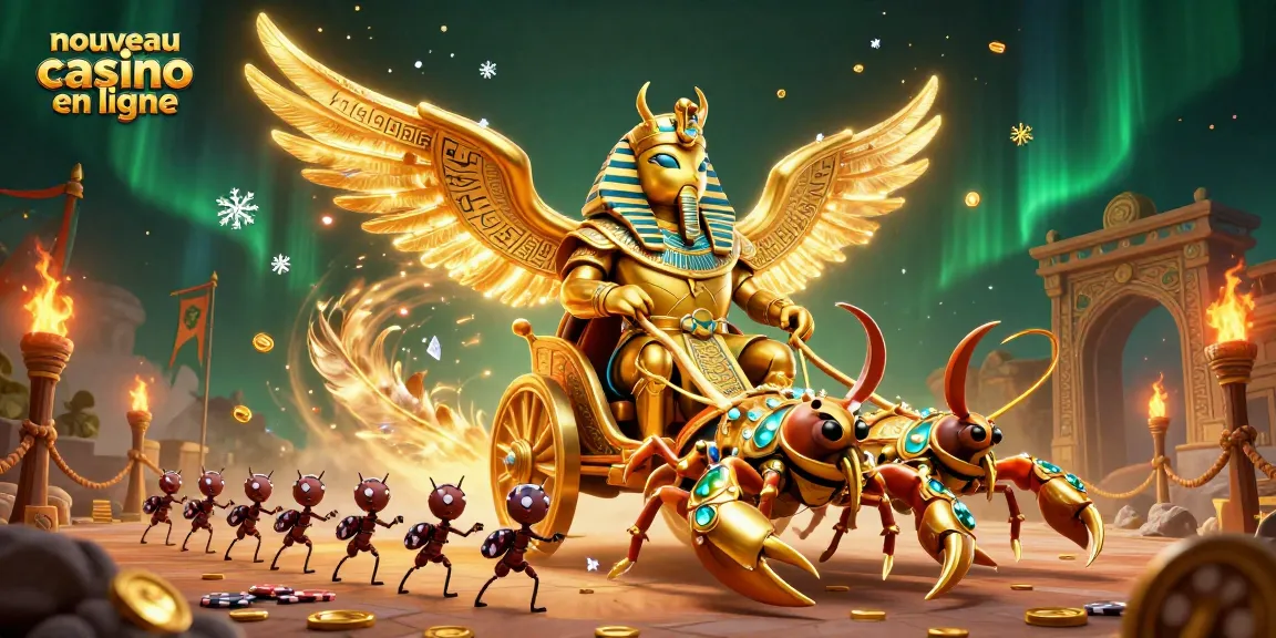 Jouez au nouveau casino en ligne avec un scarabée colossal et des scorpions dans une scène dynamique.