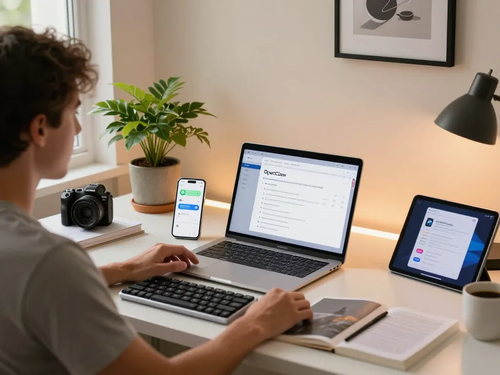User configuring OpenClaw personal AI assistant in a modern home office, showcasing productivity tools and tech gadgets.