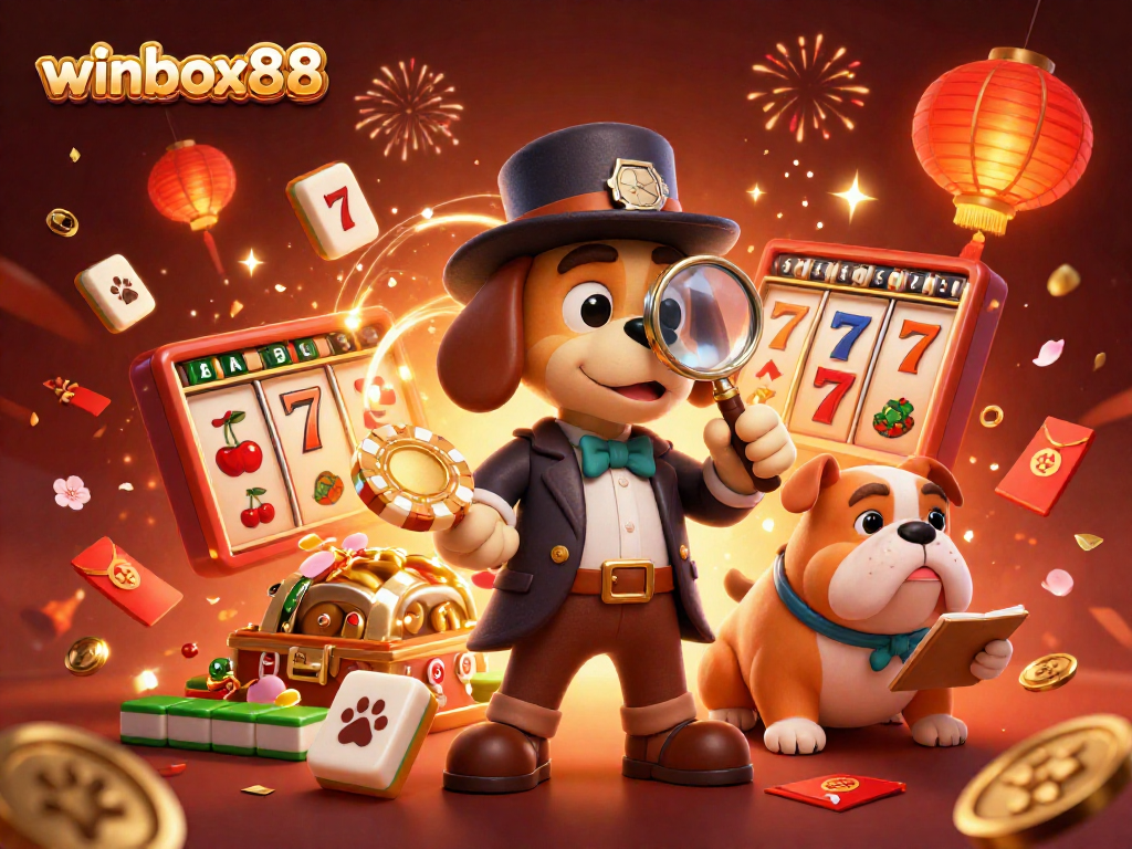 Winbox88 gaming adventure featuring a detective and dog investigating poker clues among vibrant casino elements.