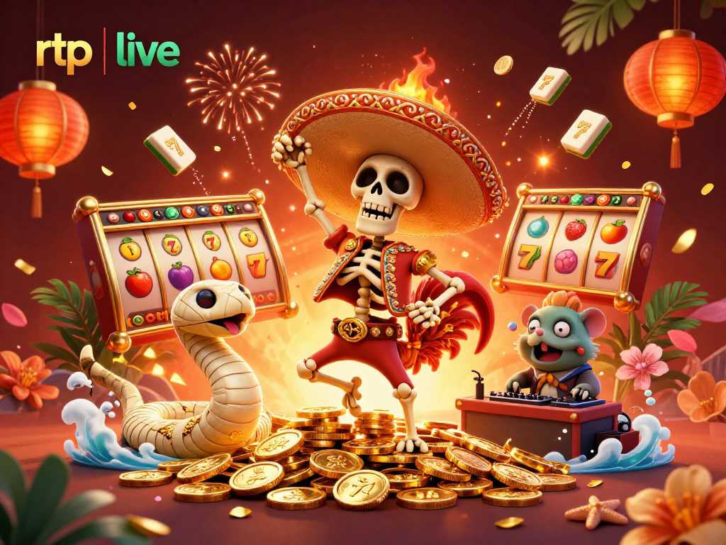 Celebrate with rtp live as the 3D skeleton rooster dances among colorful casino symbols.