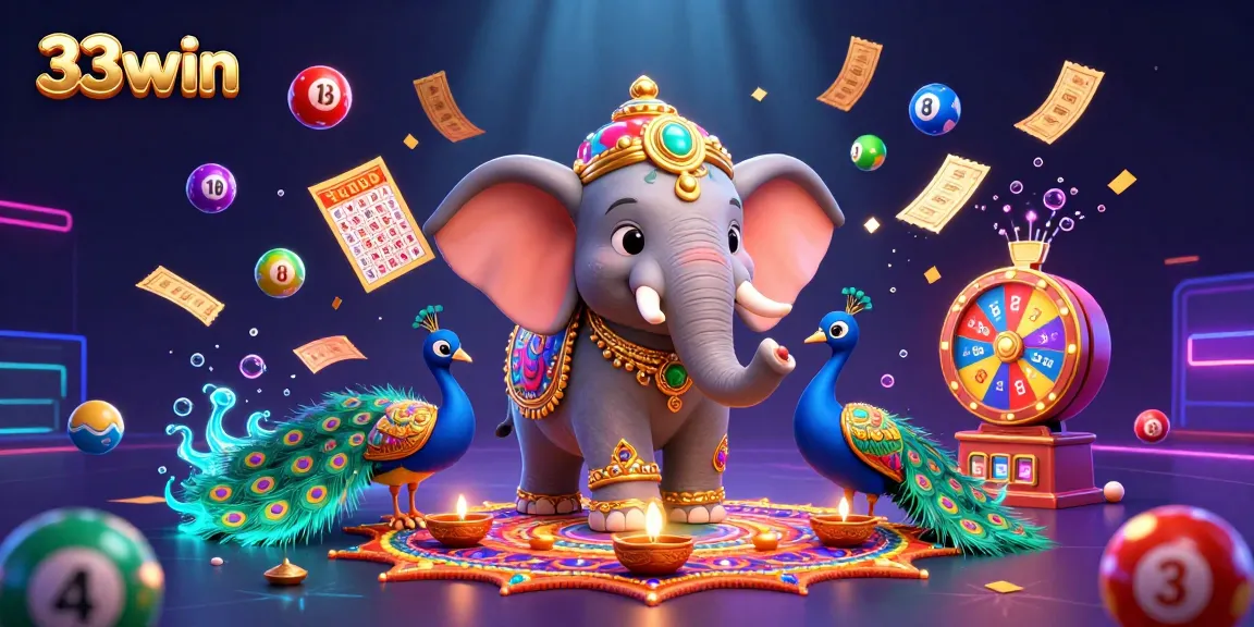 Engage in vibrant lottery fun with 33win's dynamic illustrations of colorful game elements.