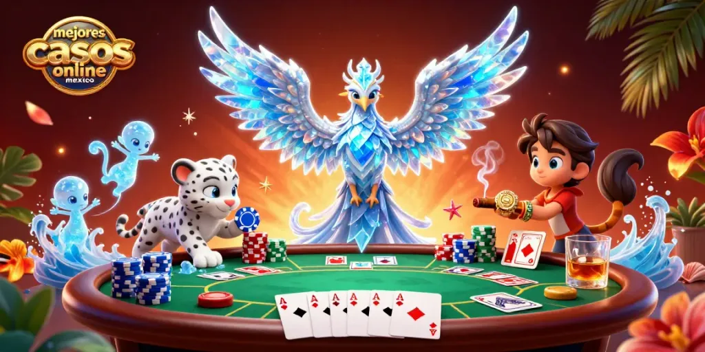 Imágenes de los mejores casinos online en México con un fénix de hielo y símbolos de póker.