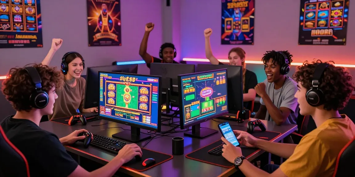 Group of friends enjoying slot88 games on vibrant gaming screens in a lively atmosphere.
