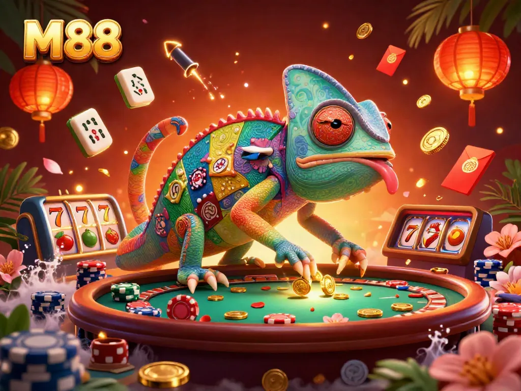 Experience the vibrant energy of M88 with a colorful chameleon casino owner amidst poker-themed excitement.