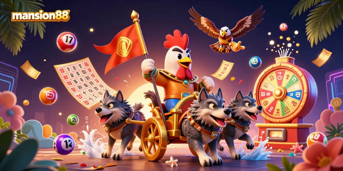 Engage in thrilling gambling action at mansion88 with vibrant lottery elements and a fearless rooster warlord.
