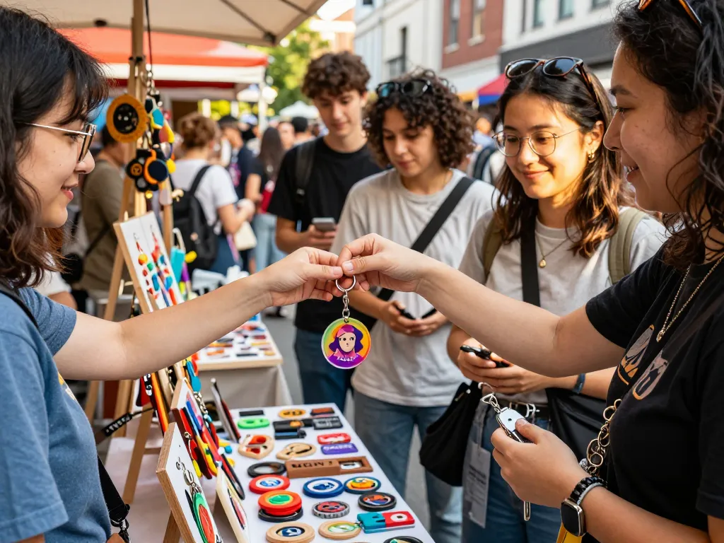 Customized key chains displayed in a vibrant street market, showcasing unique designs and personal expressions.
