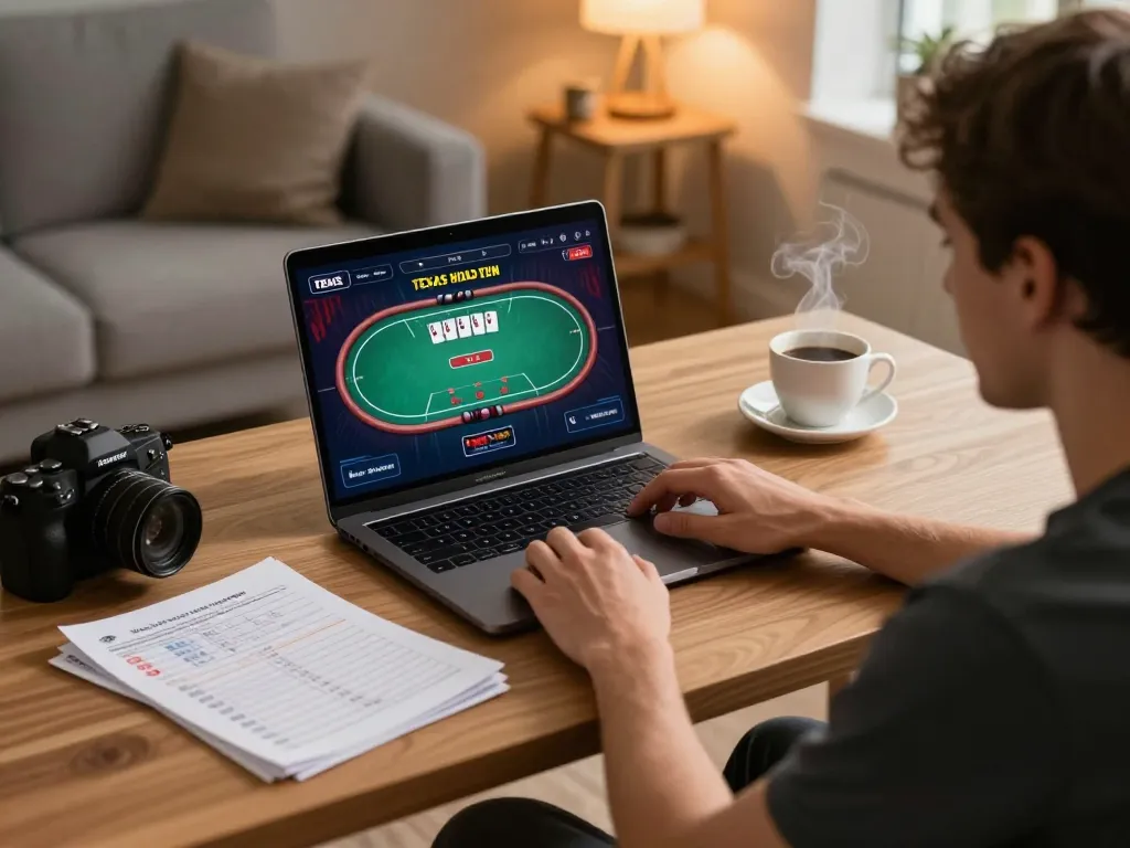 Fly 88 players engaging in an intense poker game online, showcasing effective strategy in a cozy home office.