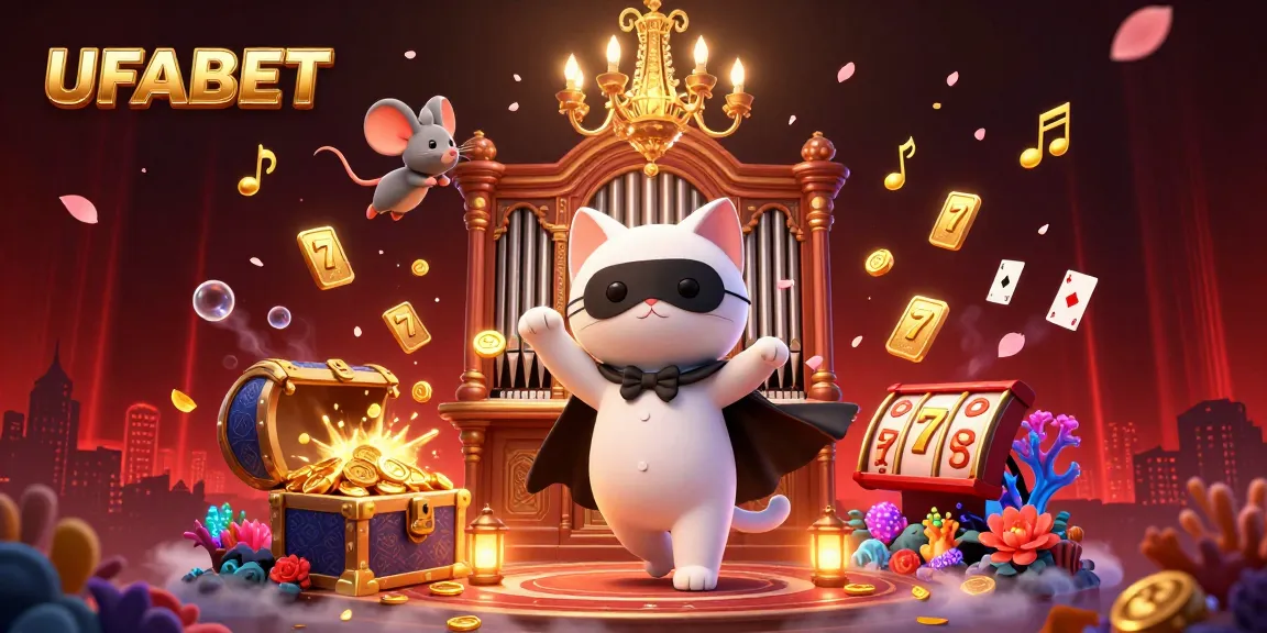 Experience the thrill of UFABET with a rich 3D casino scene showcasing gambling elements including slot reels and playful characters.
