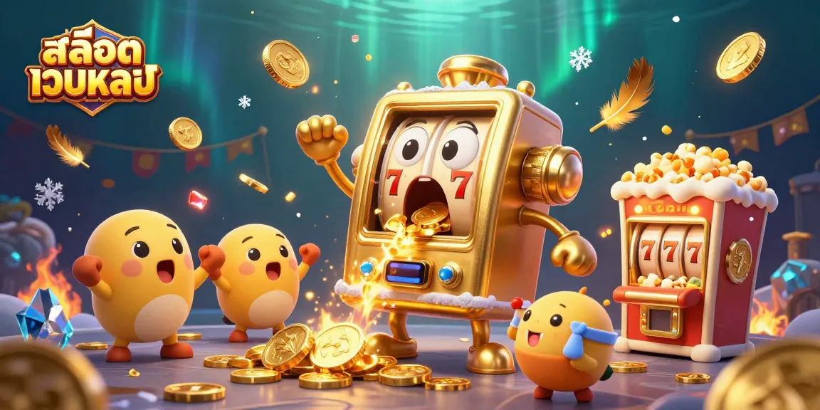 Exciting gameplay at สล็อตเว็บตรง with a golden slot machine hitting a jackpot, surrounded by cheering baby slots.