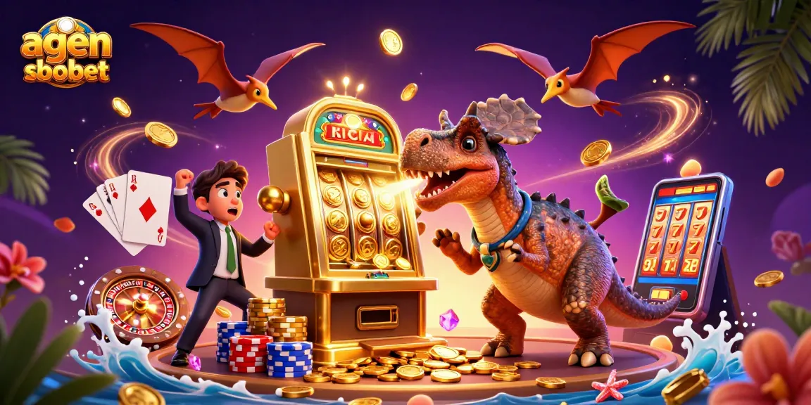 agen sbobet engages players with a dynamic scene of vibrant casino action featuring playful dinosaurs.
