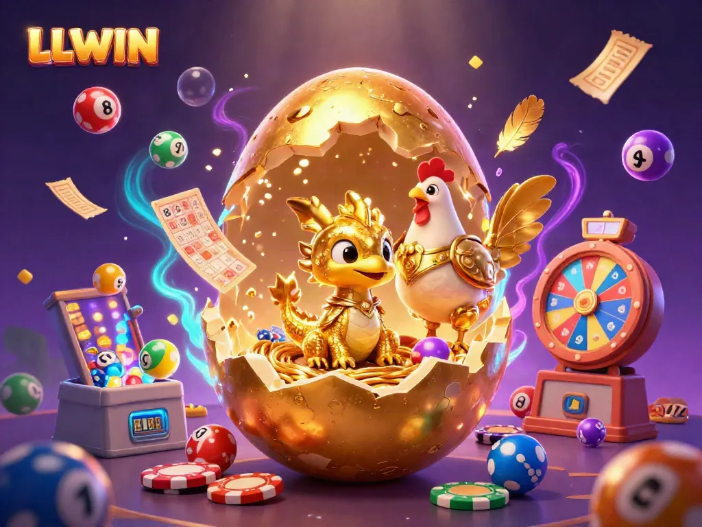 LLWIN showcases a golden baby dragon atop poker chips with lotto elements and a dazzling casino backdrop.