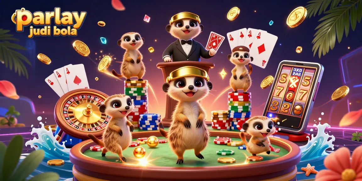 Engage in parlay judi bola with meerkats managing a lively casino atmosphere filled with action.