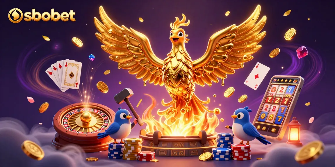 SBOBet phoenix unleashing winning potential in a vibrant online casino scene with golden coins and game elements.