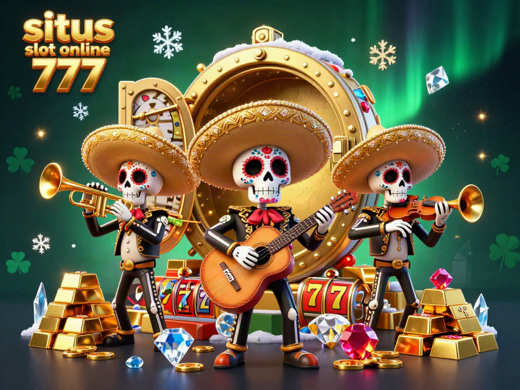 Mainkan situs slot online 777 dengan skeleton mariachi yang dikelilingi tumpukan emas dan permata.